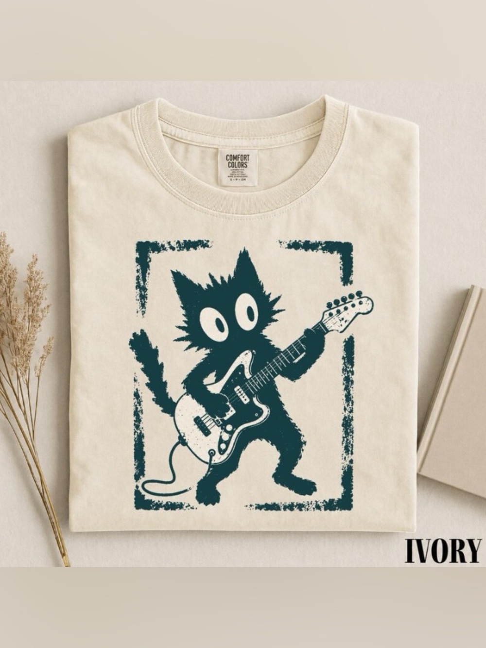 Vintage Rock Cat Guitar T-Shirt, Distressed Comfort Colors Tee